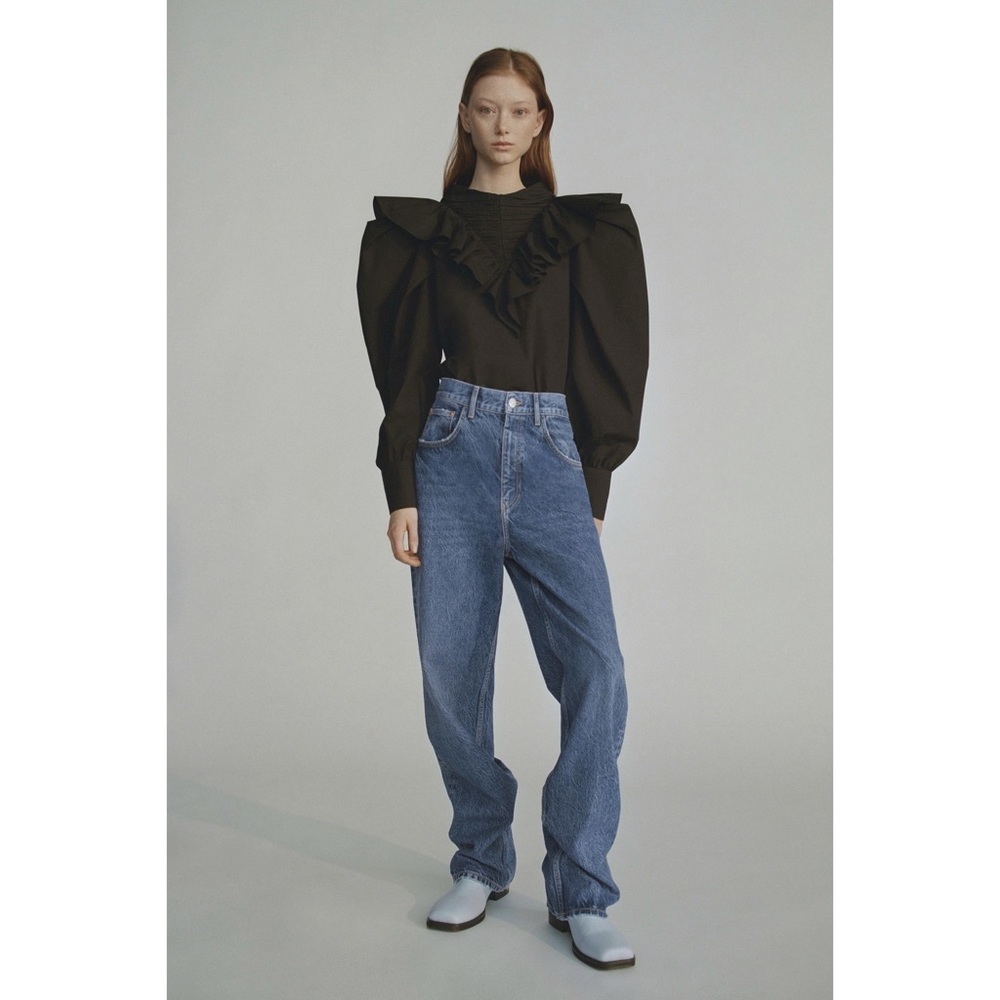 NWT ZARA ruffled poplin black shirt top - Picture 3 of 11